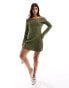 Pieces off the shoulder ribbed mini dress with lettuce edge detail in khaki Зеленый, S - EU 36 - фото #1