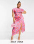 Фото #2 товара ASOS DESIGN Curve ruched side button cap sleeve satin maxi dress in pink based floral print