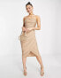 Rare London mesh drape wrap midi pencil dress in stone glitter