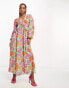 Vila Petite balloon sleeve midi dress with frill waist in bright bold floral