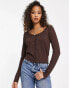 Hollister lace trim sweetheart neckline long sleeve top in brown Коричневый, XXS - 2XS - фото #1