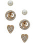 ფოტო #1 პროდუქტის Gold-Tone 3-Pc. Set Pavé Heart, Logo & Imitation Pearl Stud Earrings