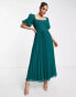 ASOS DESIGN puff sleeve pleated dobby midi dress with scallop trim in forest green