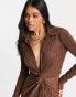 Missyempire exclusive plisse wrap front long sleeve mini dress in chocolate