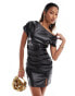 Фото #2 товара Simmi leather look ruched off shoulder bodycon side split mini dress in black