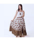 Women's White Printed Soft Silk Long Dress with Embroidery on Torso