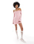 Фото #1 товара Motel off shoulder ruffle lace long sleeve mini dress in baby pink