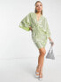 Фото #3 товара Flounce London plunge front mini dress with drop sleeves in lime metallic sparkle