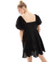 Iisla & Bird puff sleeve mini broderie tiered beach dress in black Черный, 34 - фото #3