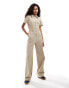 Monki wide leg jumpsuit with zip front in beige