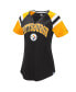 Фото #1 товара Women's Black, Gold Pittsburgh Steelers Game On Notch Neck Raglan T-shirt