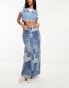 Something New X GORPECORE SQUAD patchwork maxi denim skirt in medium blue wash