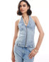 Mango zip up halterneck denim co-ord waistcoat in light blue