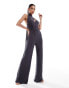 Фото #1 товара ASOS DESIGN mesh twist bust detail halter jumpsuit with tie back neck in charcoal grey