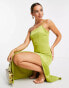 Extro & Vert one shoulder maxi dress with split in olive satin