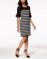 Фото #1 товара Charter Club Women's Ruffle Sleeve Crew Neck Shift Dress Black White Stripe XS