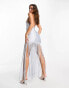 ASOS DESIGN fringe cowl halter maxi dress in silver grey