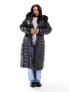 River Island Plus maxi belted puffer with faux fur hood in black