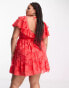 ASOS DESIGN Curve v front ruffle mini dress with flutter sleeve and tie belt in red