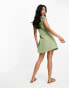 ASOS DESIGN cap sleeve ruched mini dress with tie detail in khaki Зеленый, 44 - фото #2