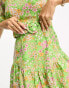 Miss Selfridge cotton flax belted frill hem mini dress in green floral