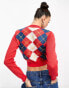 Daisy Street 90s fitted cardgian in red argyle knit