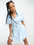 Urban Revivo mini shirt dress with front ruched tie up detail in blue