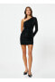 Tek Omuz Yaka Düz Siyah Kısa Kadın Elbise 4WAK80010FK