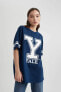 Unisex Yale University Oversize Fit Bisiklet Yaka Sırt Baskılı Kısa Kollu Tişört C3568ax24sm