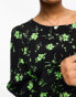 JDY puff sleeve midi dress in black and green floral Черный, S - EU 36 - фото #4