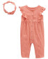 Фото #6 товара Baby 2-Piece Crinkle Jersey Jumpsuit & Headwrap Set 3M