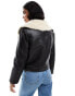 Stradivarius STR faux leather aviator jacket with faux fur detail in black