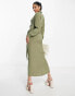 Фото #4 товара ASOS DESIGN collared midi dress ruched tie waist in khaki