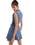 Фото #4 товара ASOS DESIGN bengaline high neck sleeveless mini dress with ruching detail in denim blue