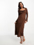 New Look ribbed midi dress with ruched tie front detail in brown