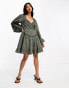 Фото #4 товара ASOS DESIGN mini dress with lace trims in dusky dark khaki