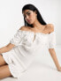 Фото #3 товара ASOS DESIGN broderie bardot mini dress with shirring in white