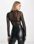 Фото #4 товара ASOS DESIGN Petite mesh long sleeve dobby polka dot flock bodysuit in black