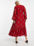 ASOS DESIGN Curve button through embroidered maxi tea dress in oxblood