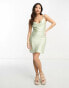 Фото #8 товара ASOS DESIGN Petite satin cowl neck mini slip dress with daisy trim straps in apple green