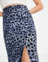 ASOS DESIGN Tall midi slip skirt with thigh split in dark blue leopard print