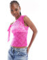 COLLUSION lace slash neck top with tie shoulder in hot pink