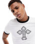 ASOS DESIGN muscle-fit ringer t-shirt in white with cross front print