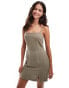 Фото #1 товара Miss Selfridge linen strappy split hem mini dress in khaki