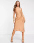 ASOS DESIGN scoop neck satin midi slip dress with tie waist detail in tan