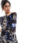 Vero Moda long sleeved lettuce edge mesh maxi dress in blue abstract butterfly print