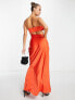 ASOS DESIGN satin ruched bust maxi dress with asym cut out in hot orange