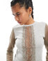 Basic Pleasure Mode relic lace insert long sleeve top in grey and khaki