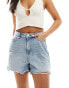 Pieces frayed bottom denim shorts in light blue Синий, L - EU 40 - фото #1