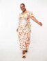 Wednesday's Girl Curve strawberry print milkmaid midaxi dress in cream